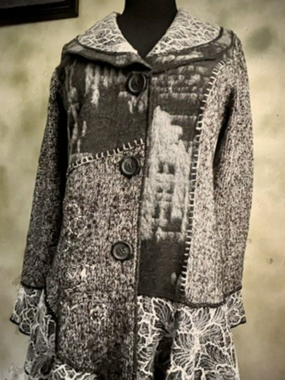 Sioni Patchwork Art Knit Jacket Coat Gray Black White Size M